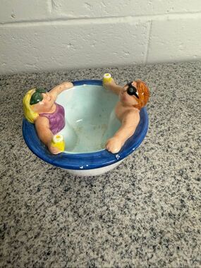Vintage Lotus 1995 Chip and Dip Bowl Ceramic Swimming Pool Swimmers Kitsch 6"